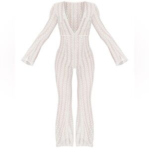Pretty Little Thing White Crochet Plunge Beach Jumpsuit, NWT.
